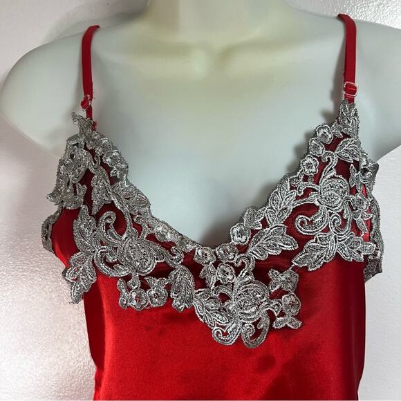 Rare Vintage Red Satin Slip Dress | 100% Cotton | Silver Lace Appliqué Glam | M - Picture 7 of 7